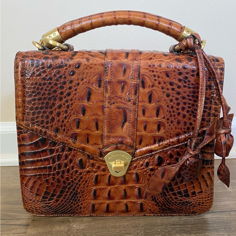 Brahmin Oliva Rose Pecan Brown Leather Croc Embossed Satchel